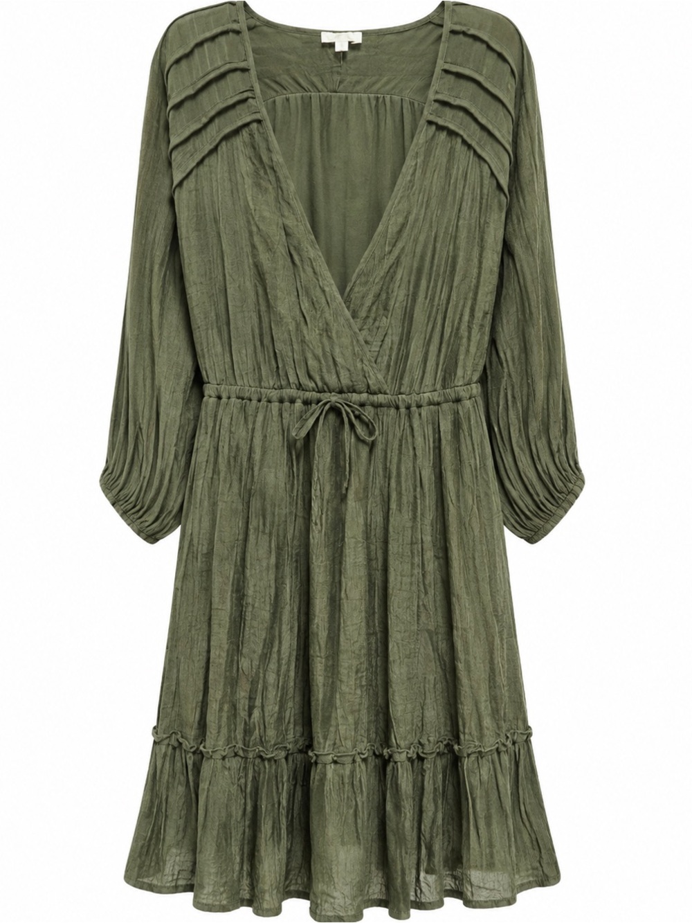 Indigo Rose Olive Green Boho Midi Dress L Pleated Balloon Sleeve Tiered Western